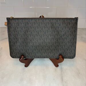 Michael Kors Brown Leather Pouch Wristlet with Signature Monogram